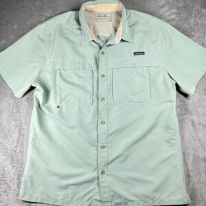 Eddie Bauer Short Sleeve Button Up Fishing Shirt Men's Large Green Vented